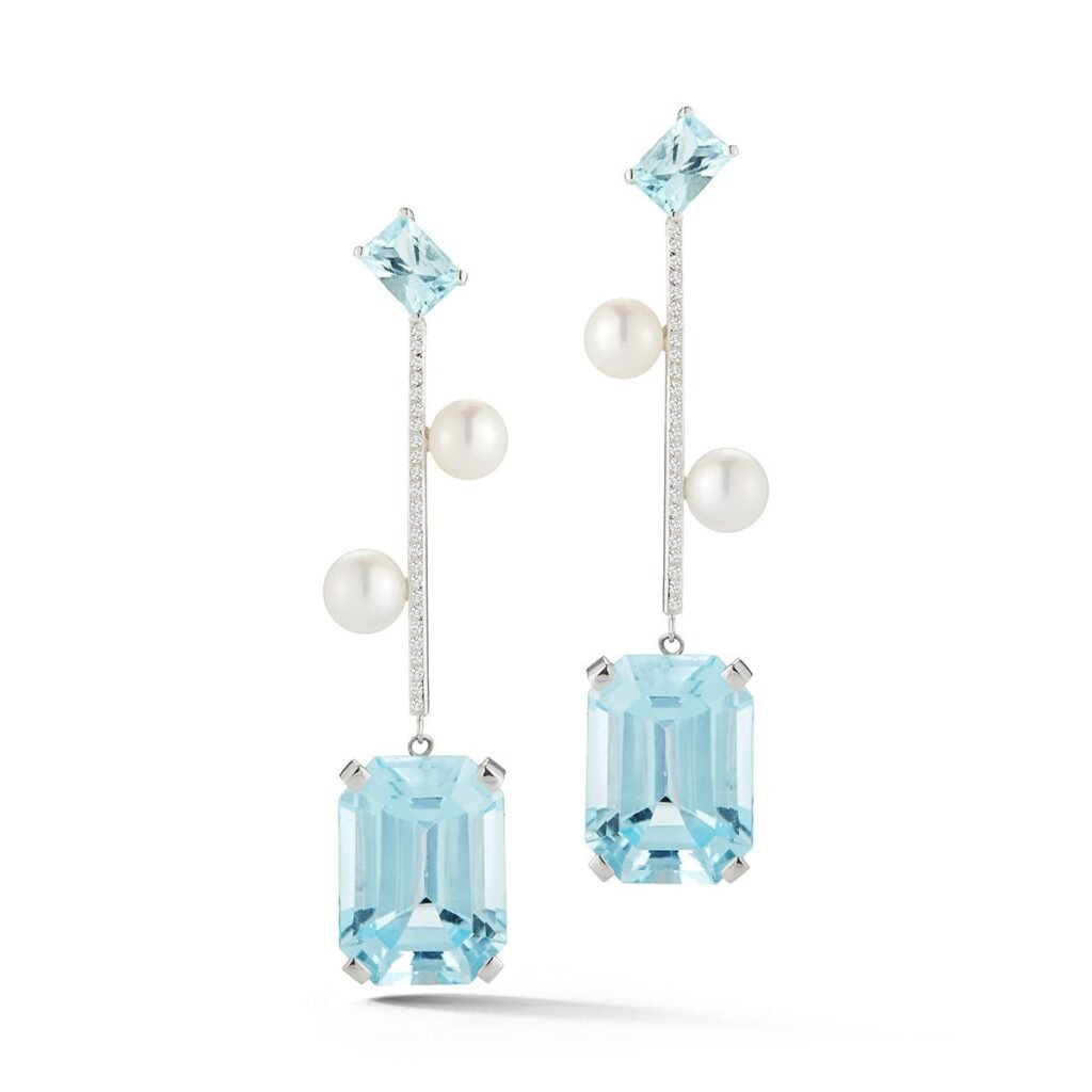 925 Sterling Silver Aquamarine Blue Topaz and Pearl Statement Earring Diamond