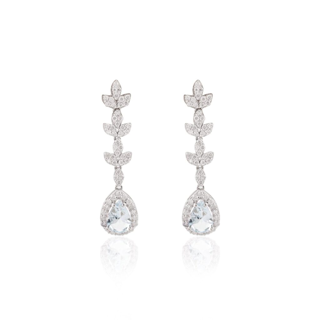 925 Sterling Silver Aquamarine Diamond Dangle Earrings