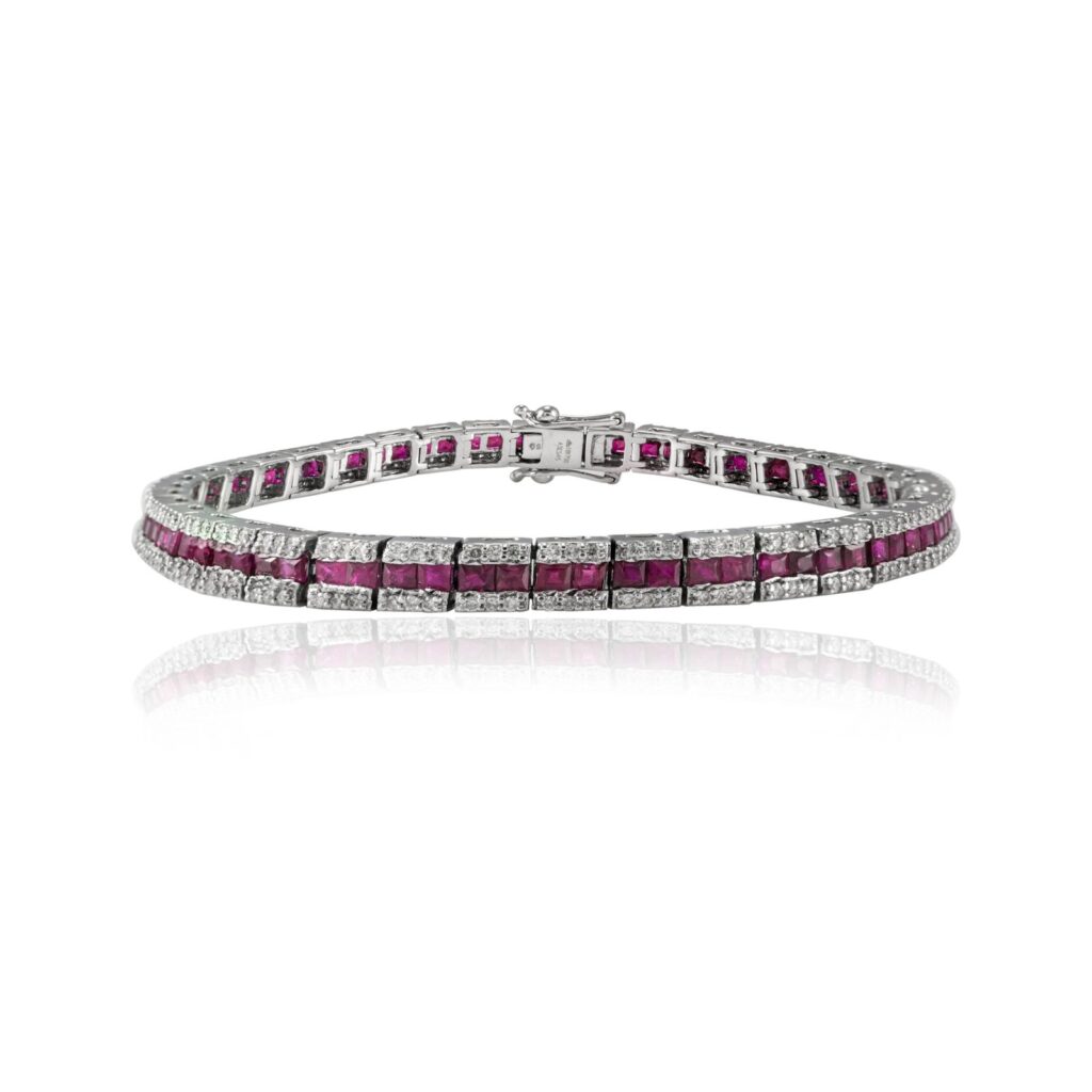 925 Sterling Silver Art Deco Ruby Diamond Tennis Bracelet
