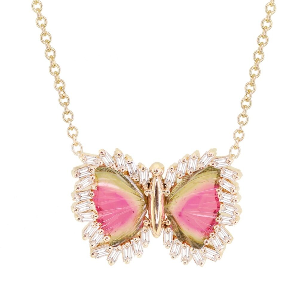 925 Sterling Silver Baguette Diamond Baby Watermelon Tourmaline Butterfly Necklace
