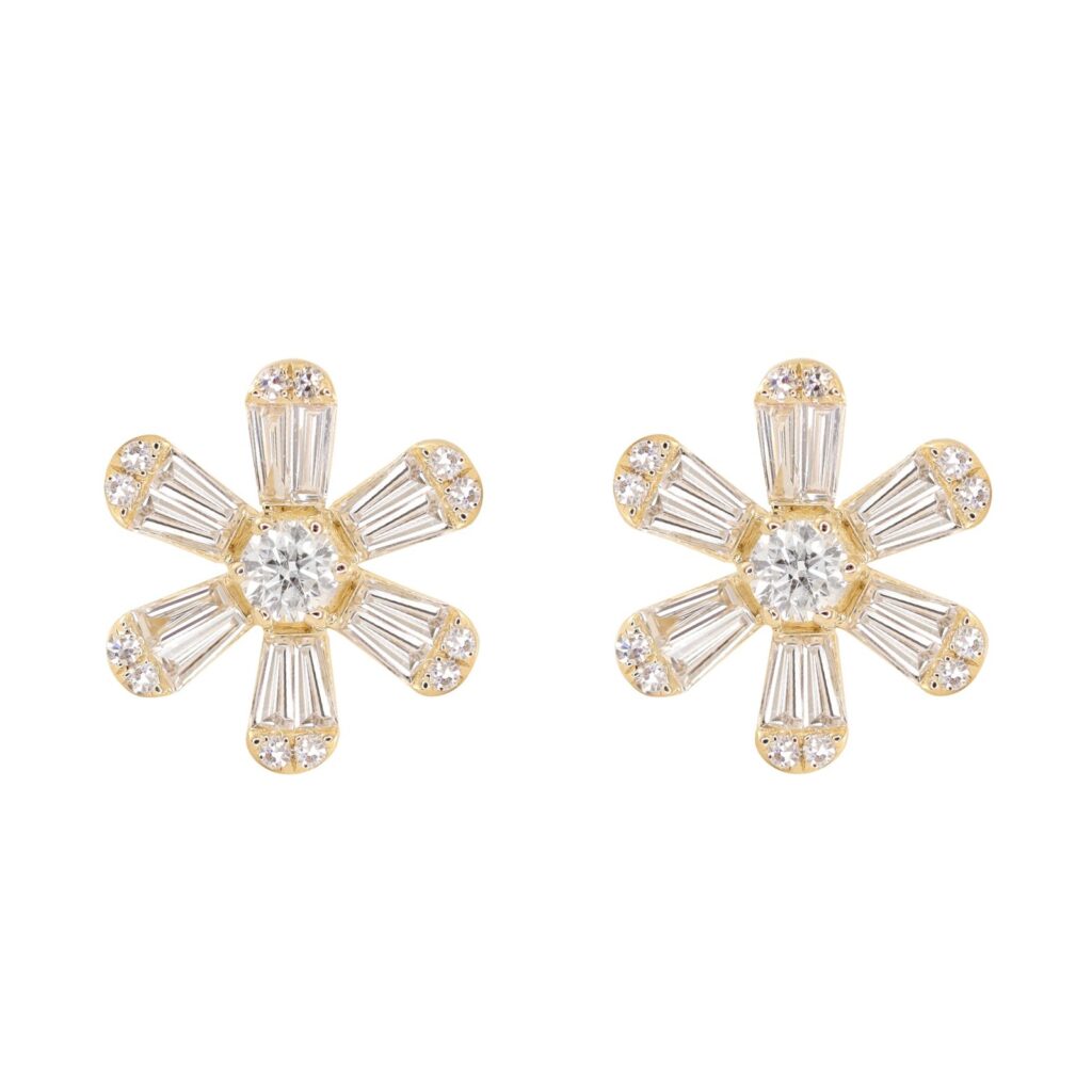 925 Sterling Silver Baguette Diamond Flower Stud Earrings