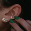 925 Sterling Silver Baguette Diamond Flower Stud Earrings - Image 2