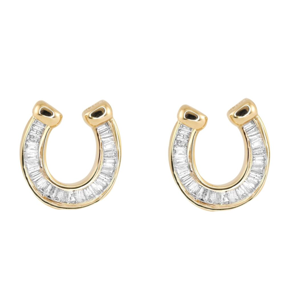925 Sterling Silver Baguette Diamond Good Luck Horseshoe Stud Earrings