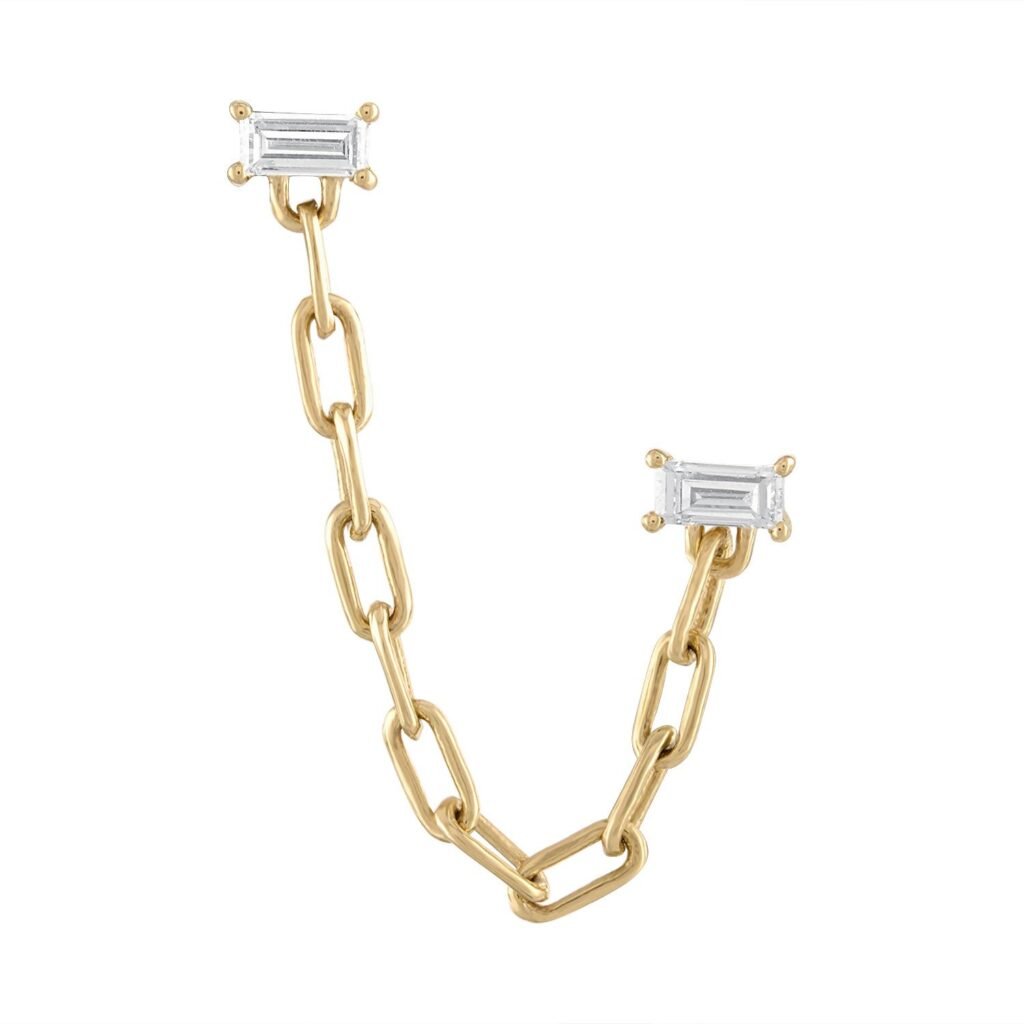 925 Sterling Silver Baguette Double Post Chain Earring Diamond
