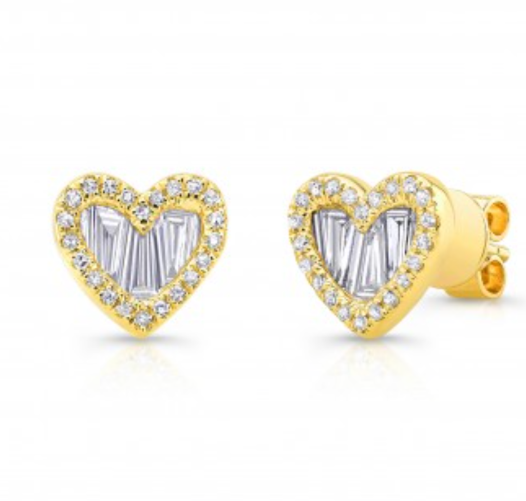 925 Sterling Silver Baguette Heart Diamond Stud Earrings