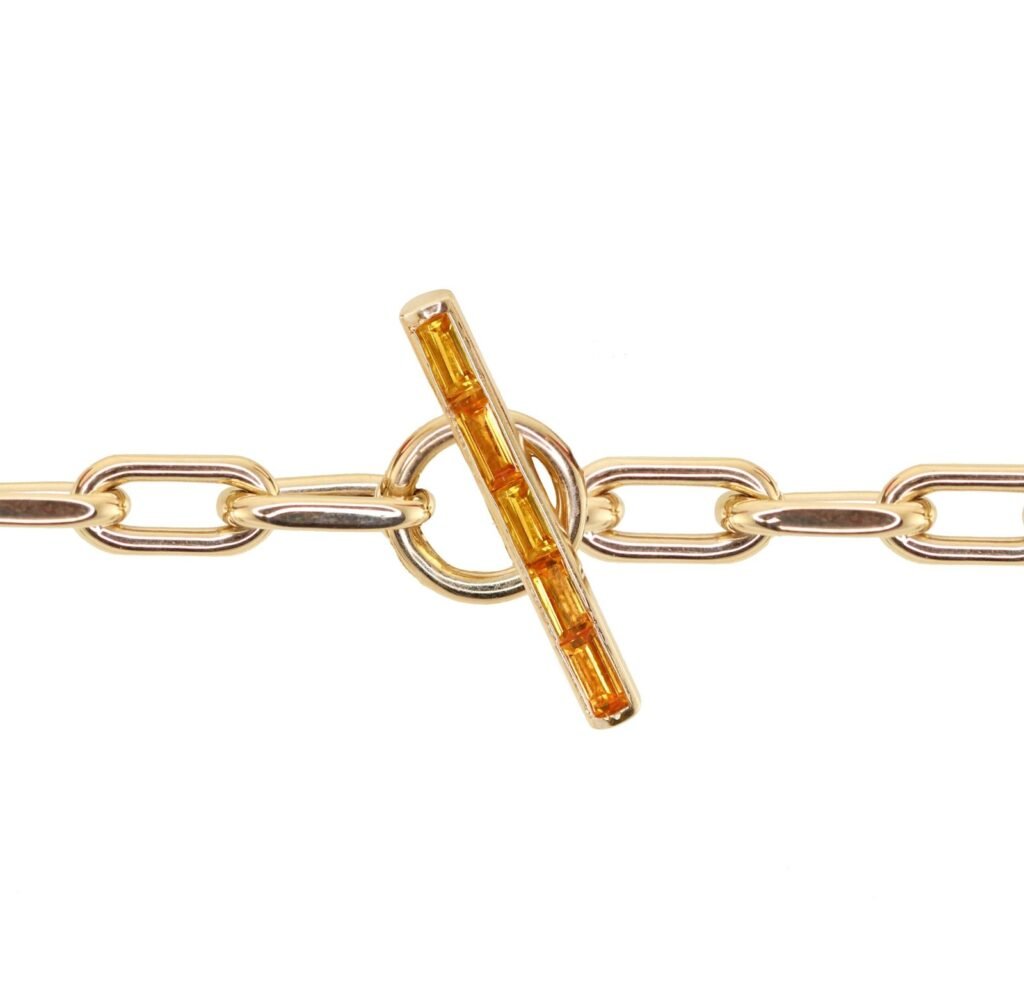 925 Sterling Silver Baguette Orange Sapphire Toggle Thick Paperclip Bracelet