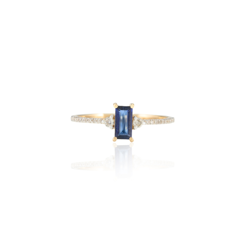 925 Sterling Silver Baguette Shape Blue Sapphire and Diamond Ring