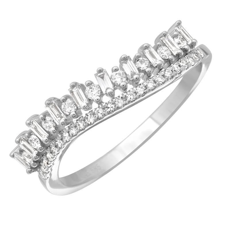 925 Sterling Silver Baguette Wave Diamond Ring