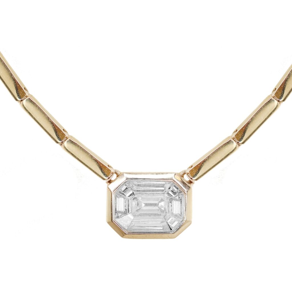 925 Sterling Silver Bar Illusion Emerald Cut Bezel Diamond Necklace
