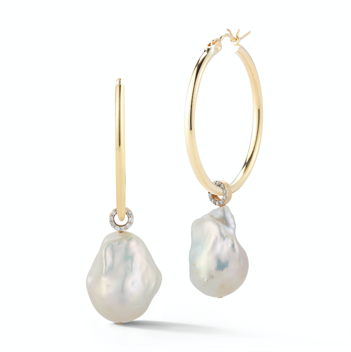 925 Sterling Silver Baroque Pearl Detachable Diamond Hoop Earrings