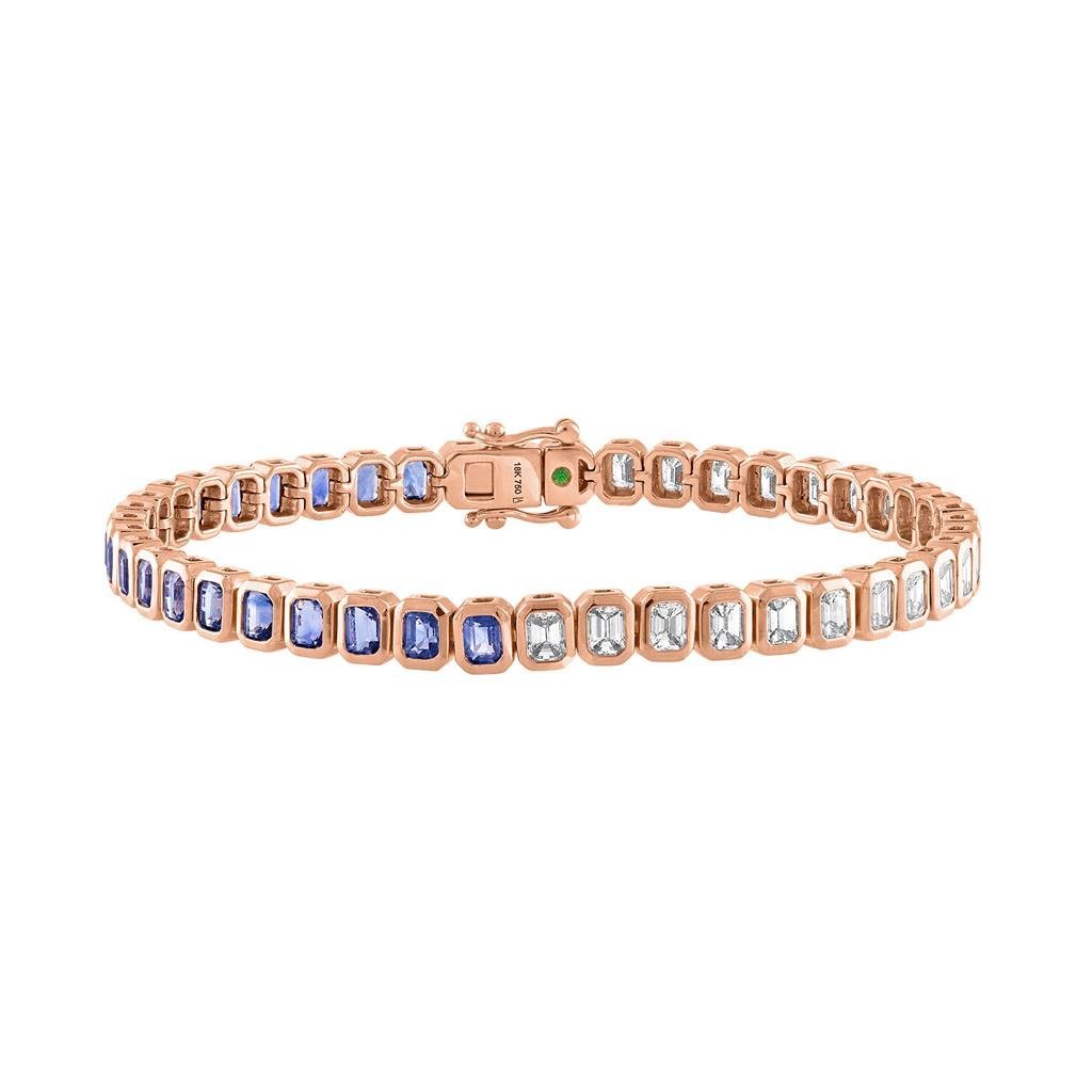 925 Sterling Silver Bezel Set Blue Sapphire Diamond Tennis Bracelet