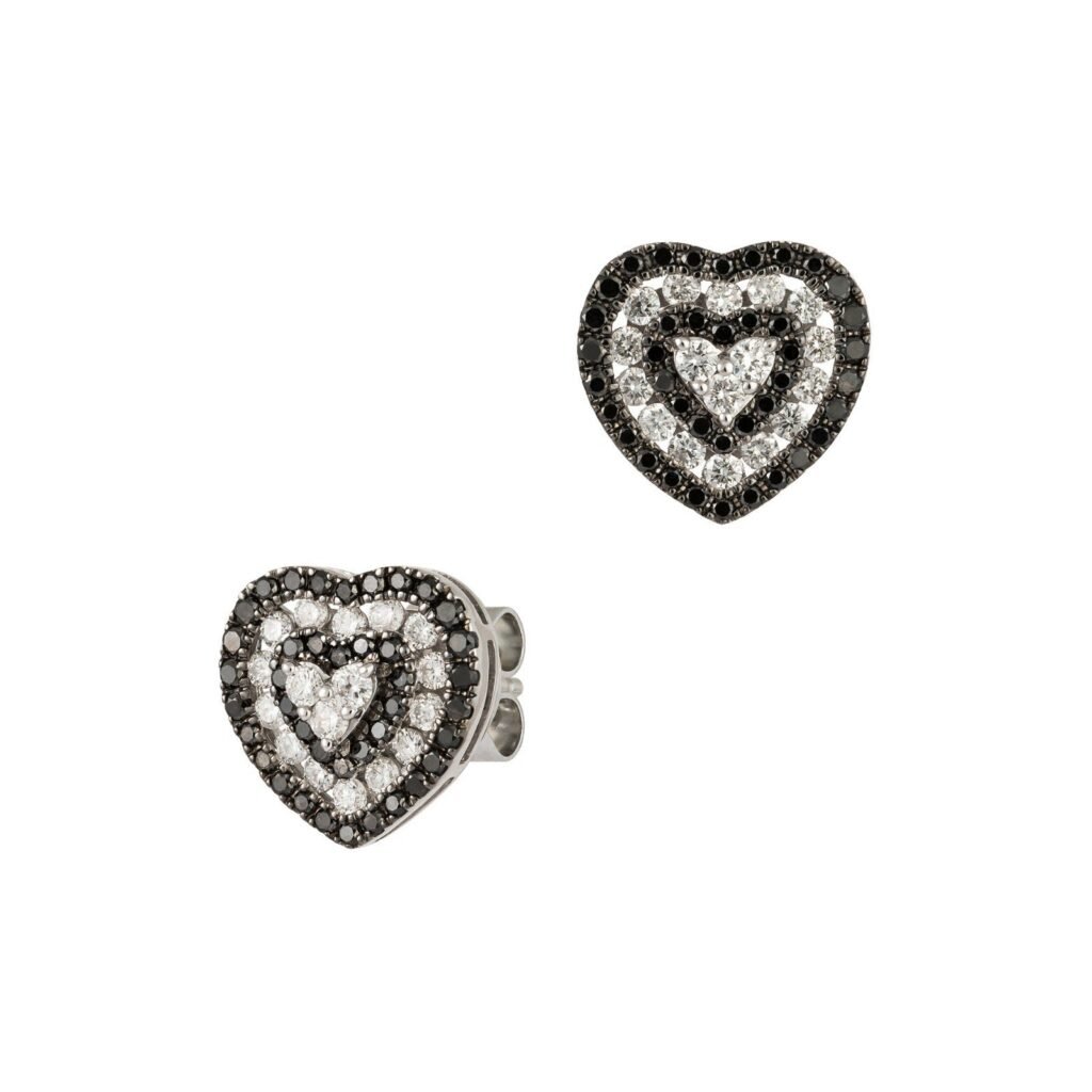 925 Sterling Silver Black and Diamond Heart Earrings