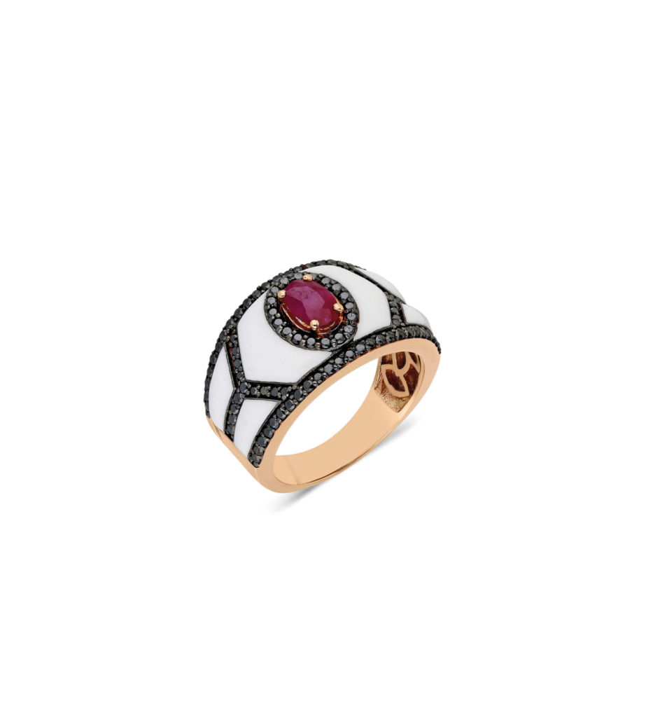 925 Sterling Silver Black Shield Ruby Diamond Ring