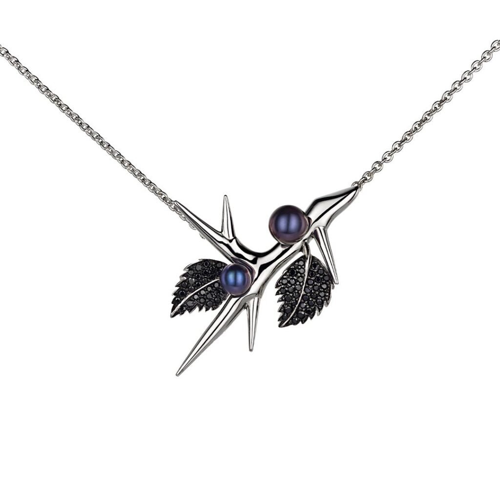 925 Sterling Silver Blackthorn Branch Pendant Black Spinel and Black Pearl