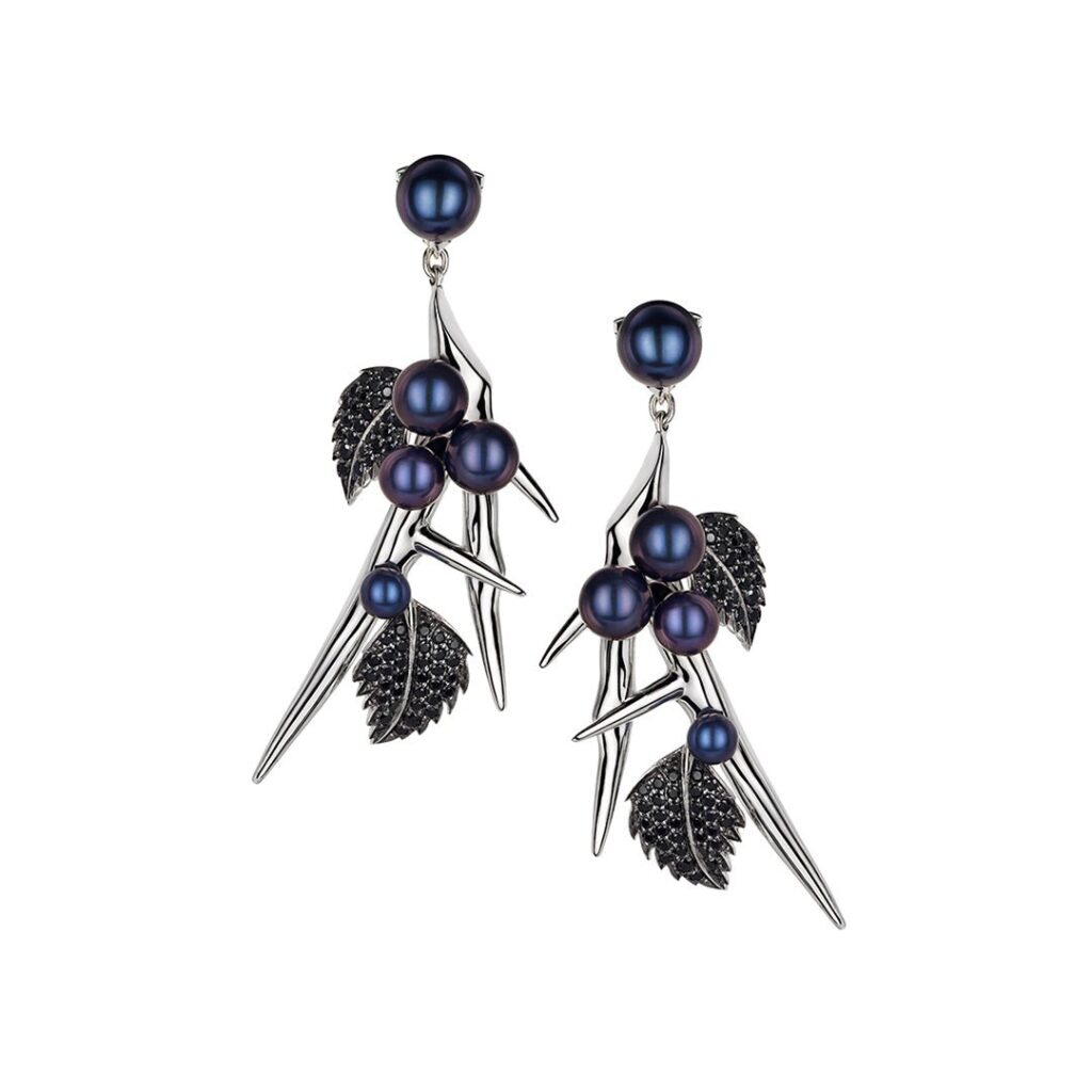 925 Sterling Silver Blackthorn Drop Leaf Earrings Black Spinel and Black Pearl