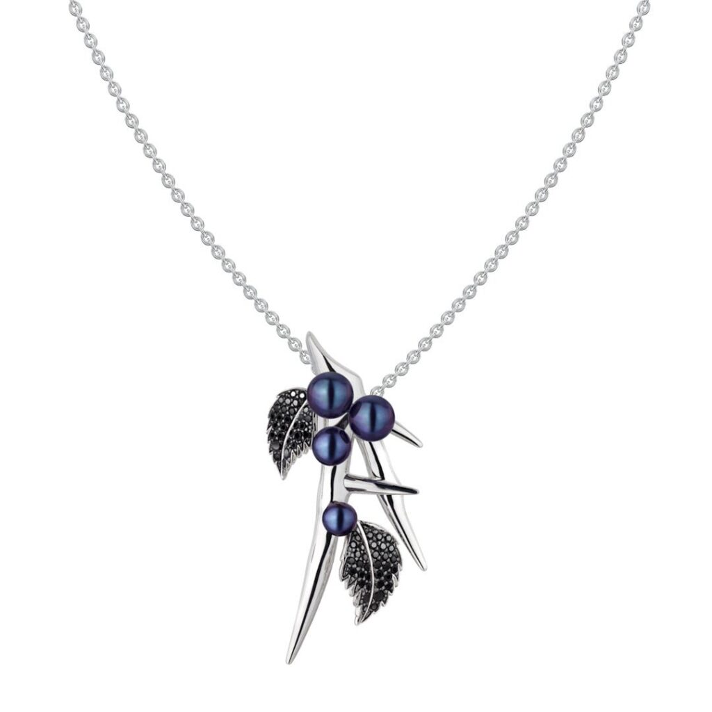 925 Sterling Silver Blackthorn Drop Leaf Pendant Black Spinel and Black Pearl