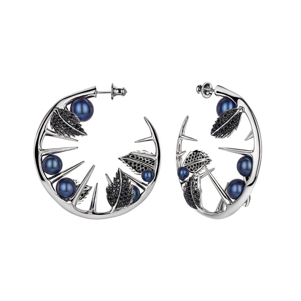 925 Sterling Silver Blackthorn Leaf Hoop Earrings Black Spinel and Black Pearl