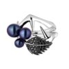 925 Sterling Silver Blackthorn Pearl Leaf Ring Black Spinel and Black Pearl