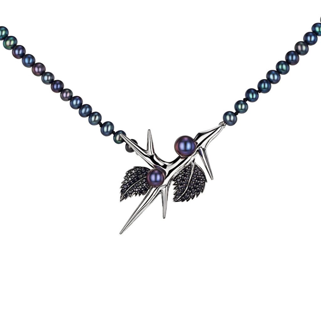 925 Sterling Silver Blackthorn Pearl Necklace Black Spinel and Black Pearl