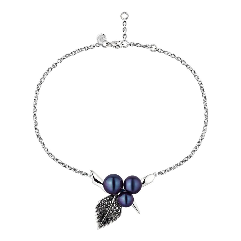 925 Sterling Silver Blackthorn Triple Pearl Leaf Bracelet Black Spinel and Black Pearl