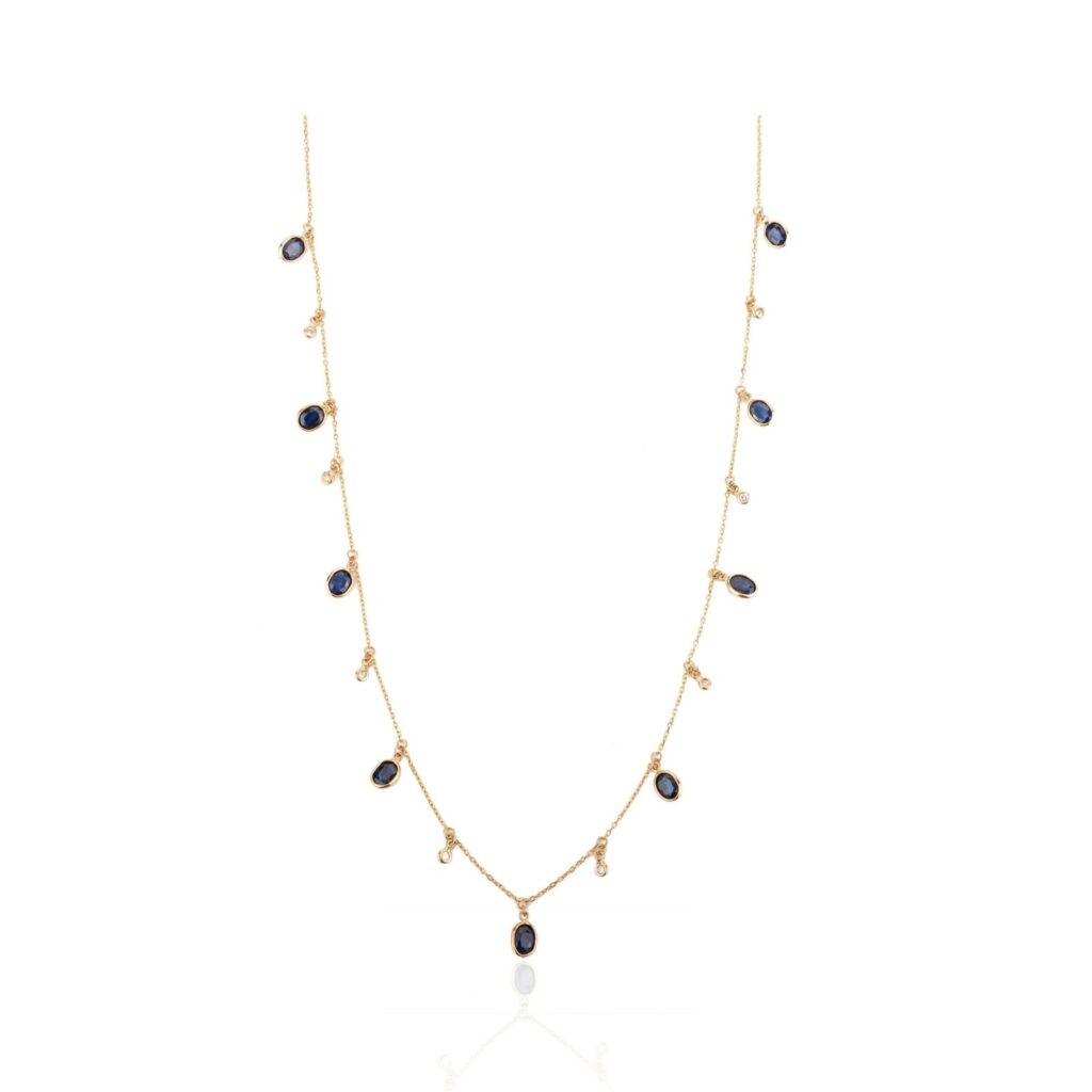 925 Sterling Silver Blue Sapphire Charm Station Diamond Necklace