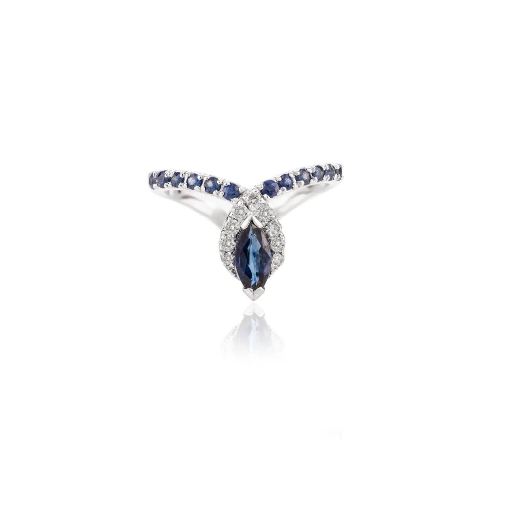 925 Sterling Silver Blue Sapphire Chevron Diamond Ring