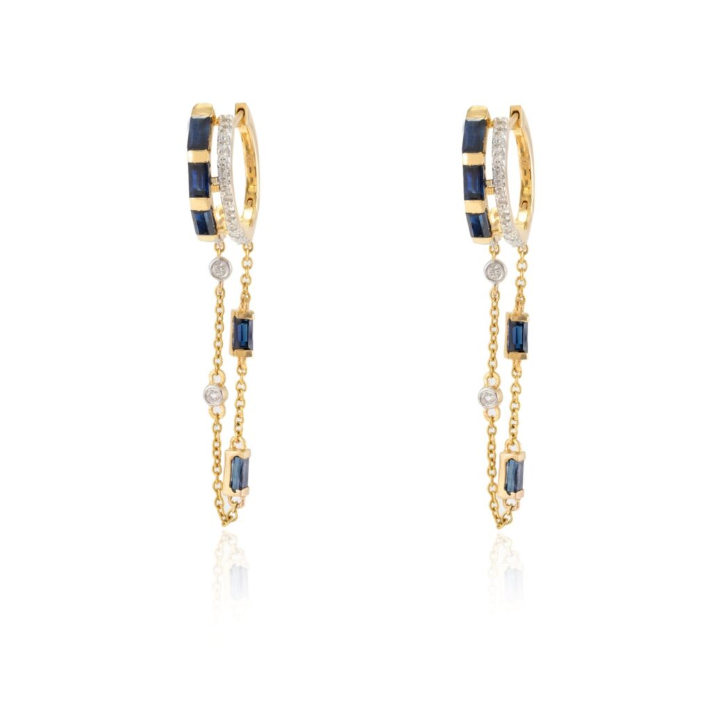 925 Sterling Silver Blue Sapphire Diamond Dangling Chain Earrings