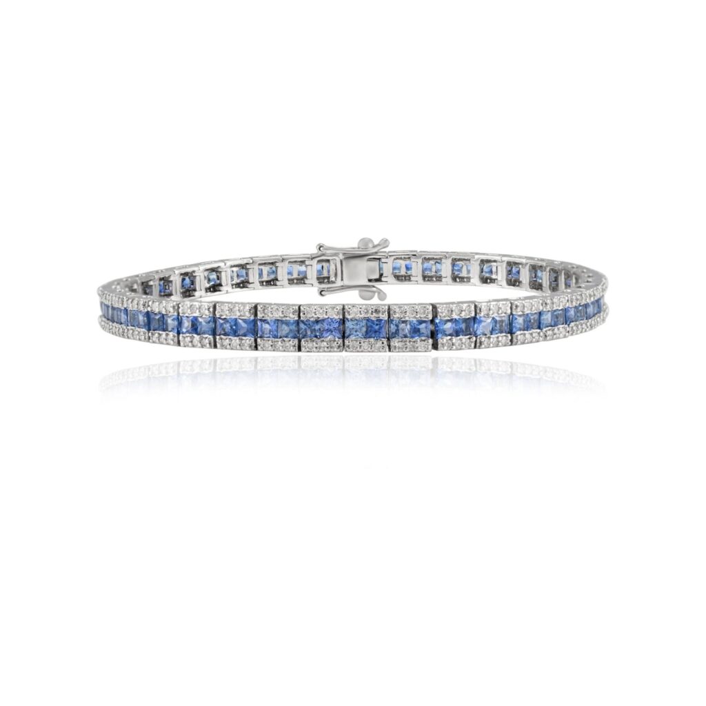 925 Sterling Silver Blue Sapphire Diamond Tennis Bracelet