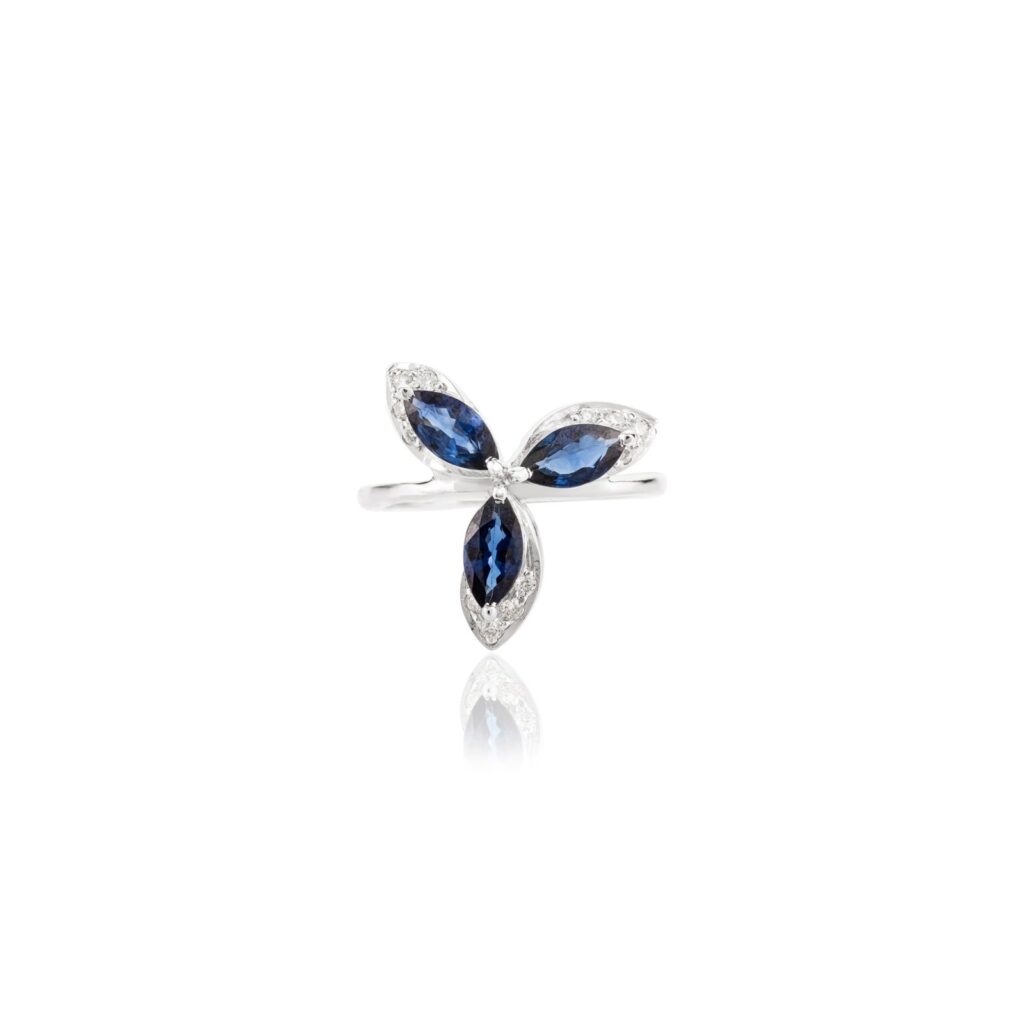 925 Sterling Silver Blue Sapphire Flower Diamond Ring
