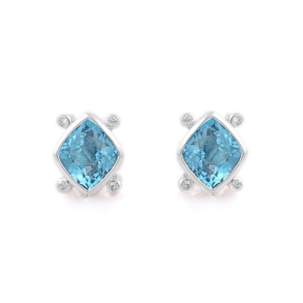 925 Sterling Silver Blue Topaz Diamond Stud Earrings