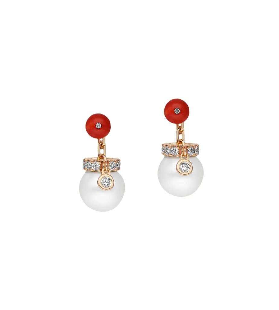 925 Sterling Silver Bonbon Coral Diamond Pearl Earrings