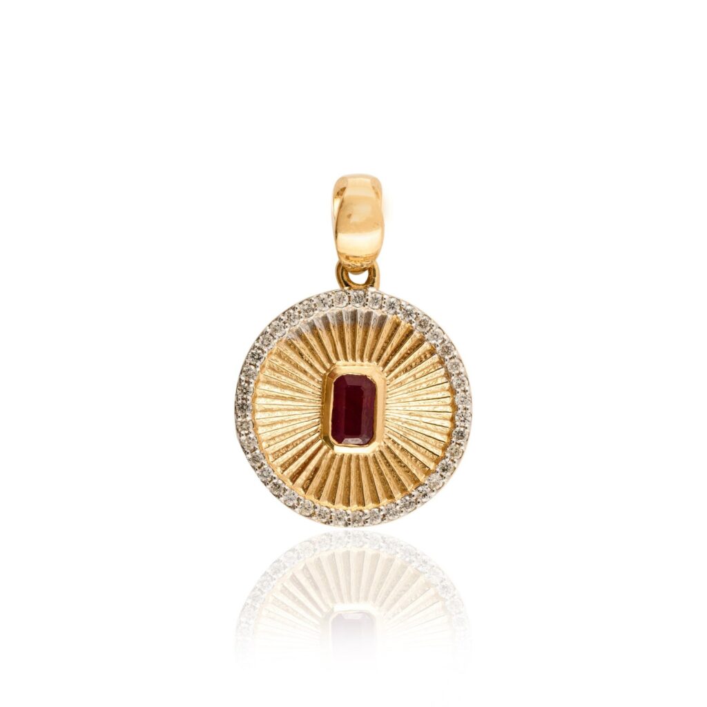 925 Sterling Silver Centered Ruby Halo Diamond Striped Medallion Coin Pendant
