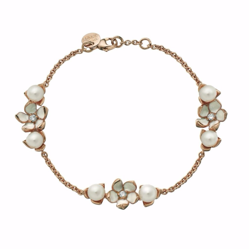 925 Sterling Silver Cherry Blossom 3 Flower Diamond Pearl Bracelet