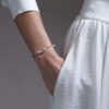 925 Sterling Silver Cherry Blossom 3 Flower Diamond Pearl Bracelet - Image 2