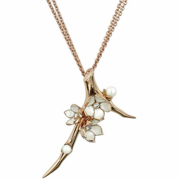 925 Sterling Silver Cherry Blossom Branch Diamond Pearl Pendant