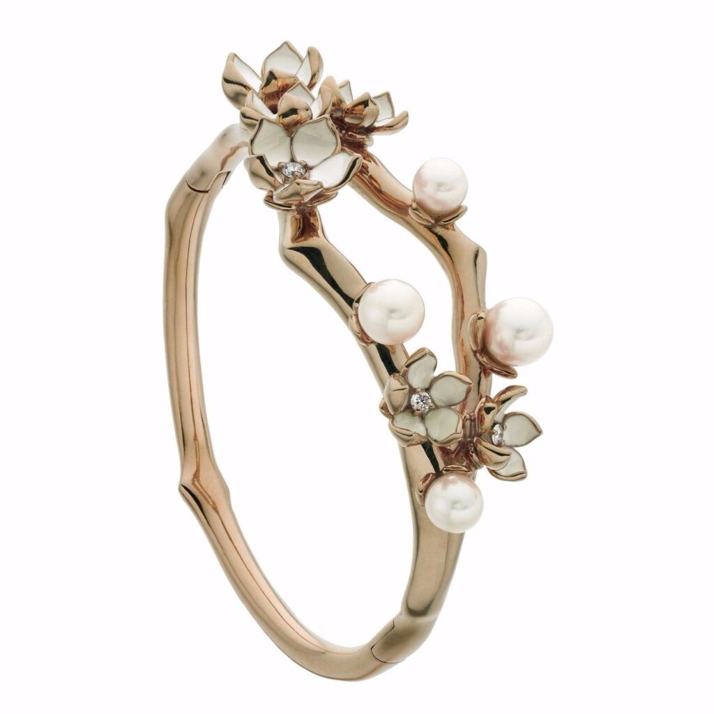 925 Sterling Silver Cherry Blossom Diamond Pearl Bangle