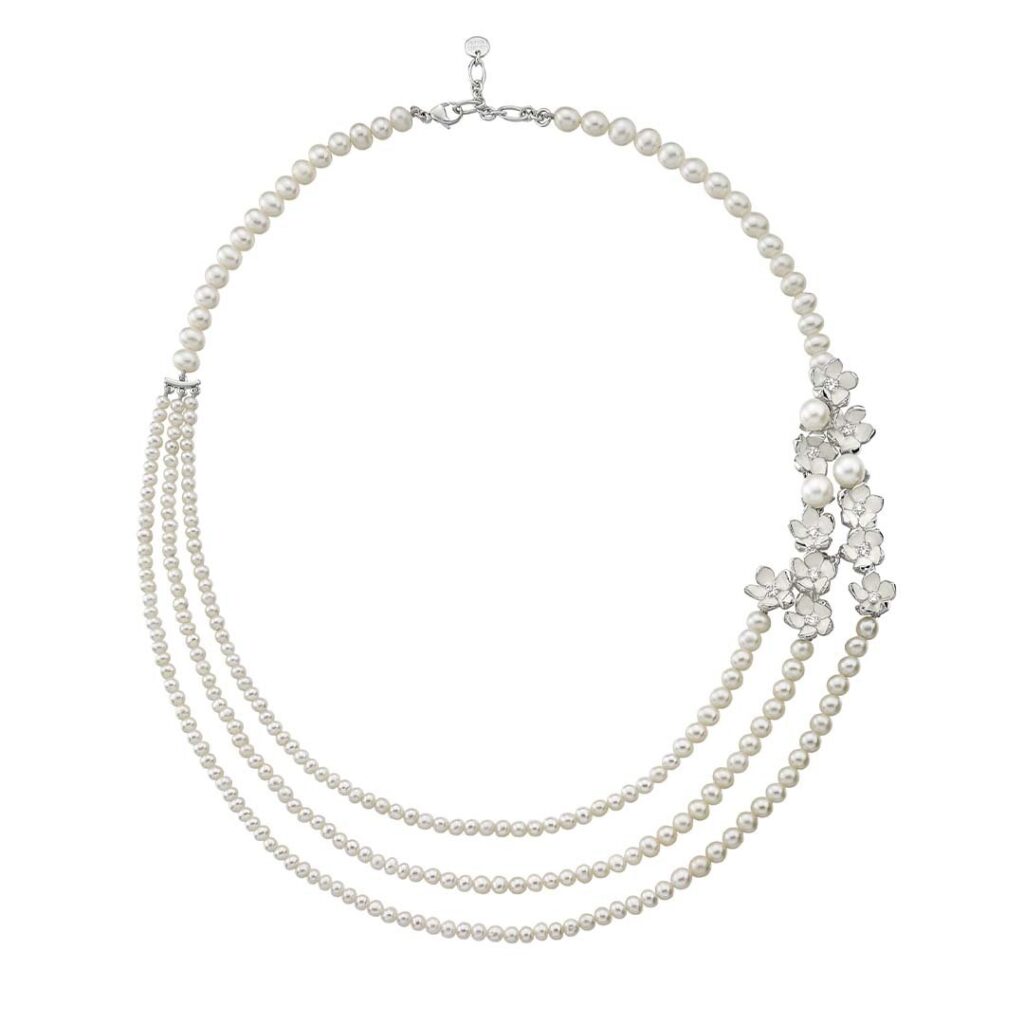 925 Sterling Silver Cherry Blossom Diamond Pearl Necklace
