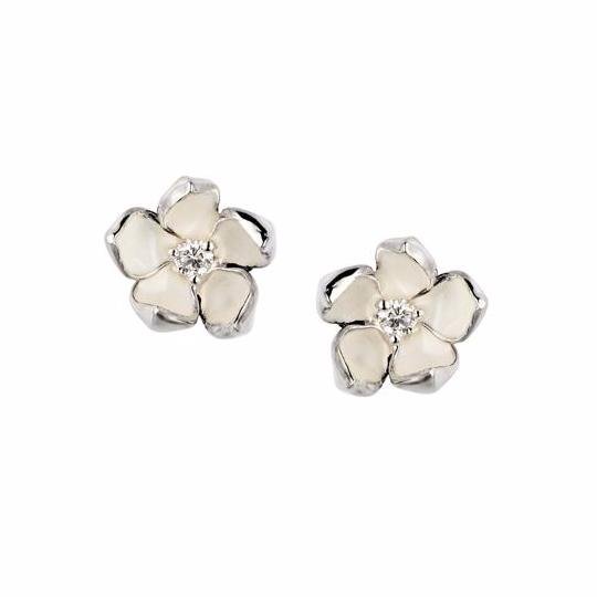 925 Sterling Silver Cherry Blossom Flower Diamond Earrings