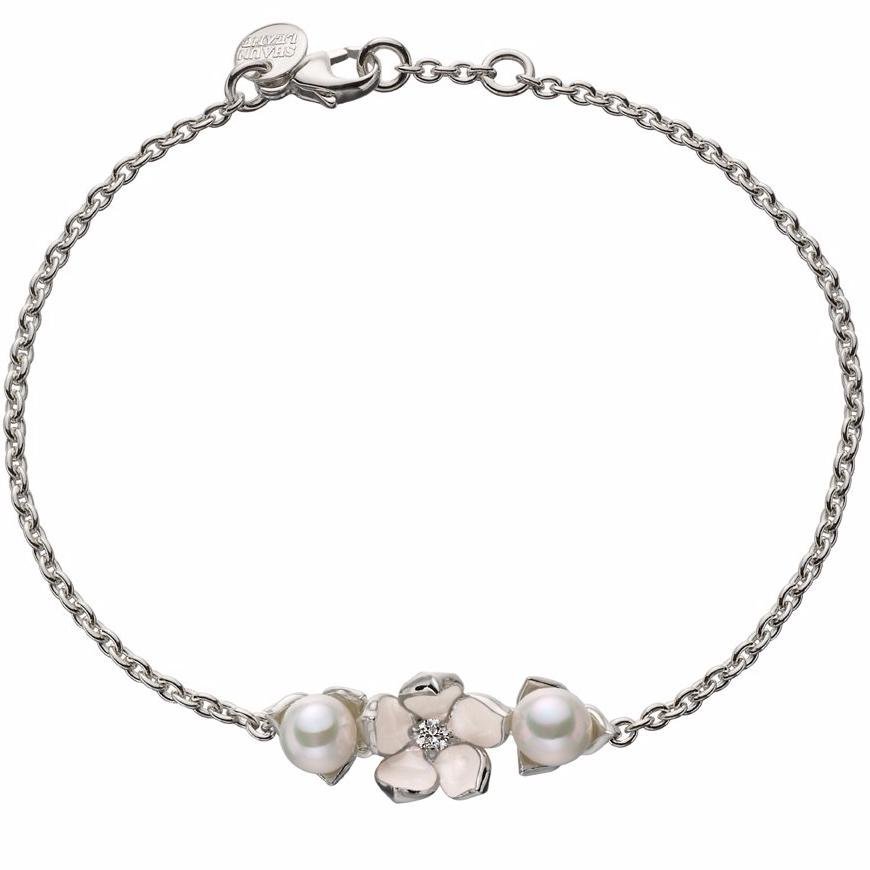 925 Sterling Silver Cherry Blossom Flower Diamond Pearl Bracelet