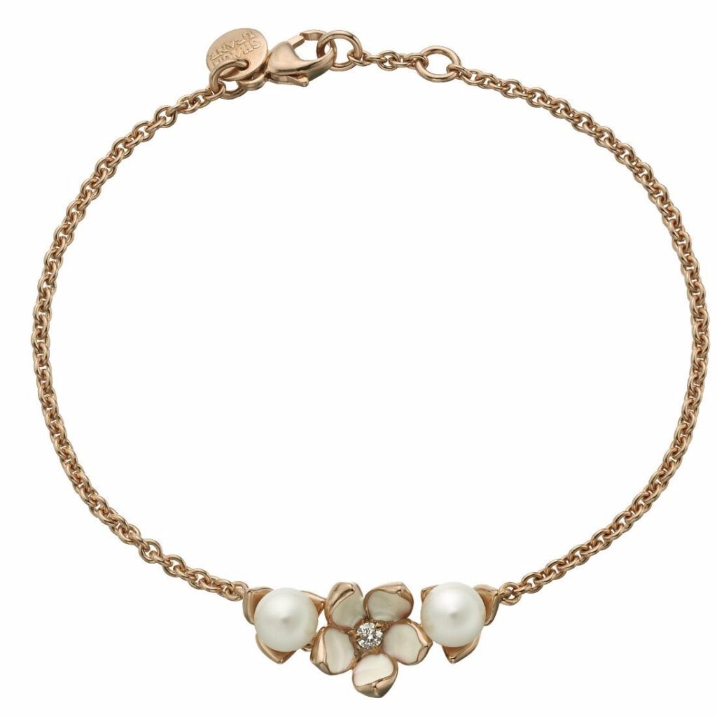 925 Sterling Silver Cherry Blossom Flower Diamond Pearl Bracelet