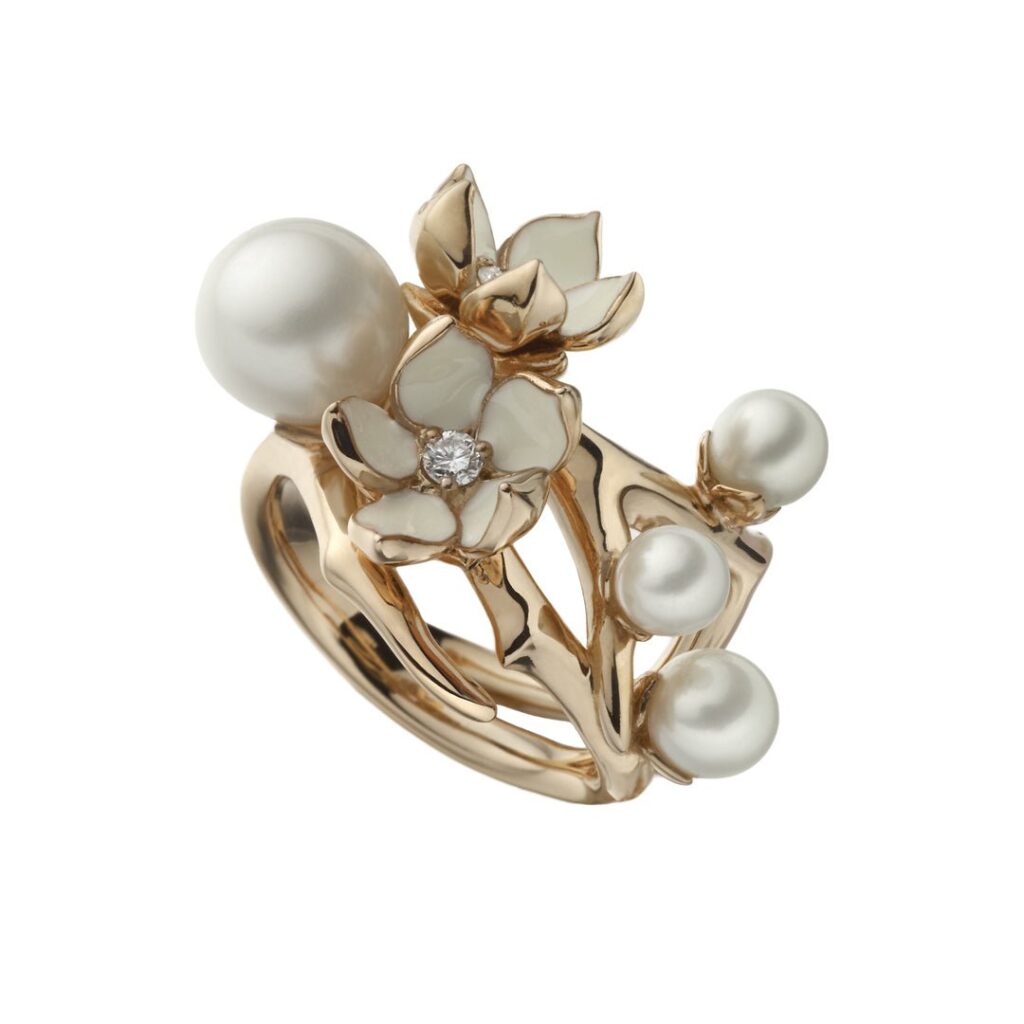 925 Sterling Silver Cherry Blossom Flower Diamond Pearl Ring