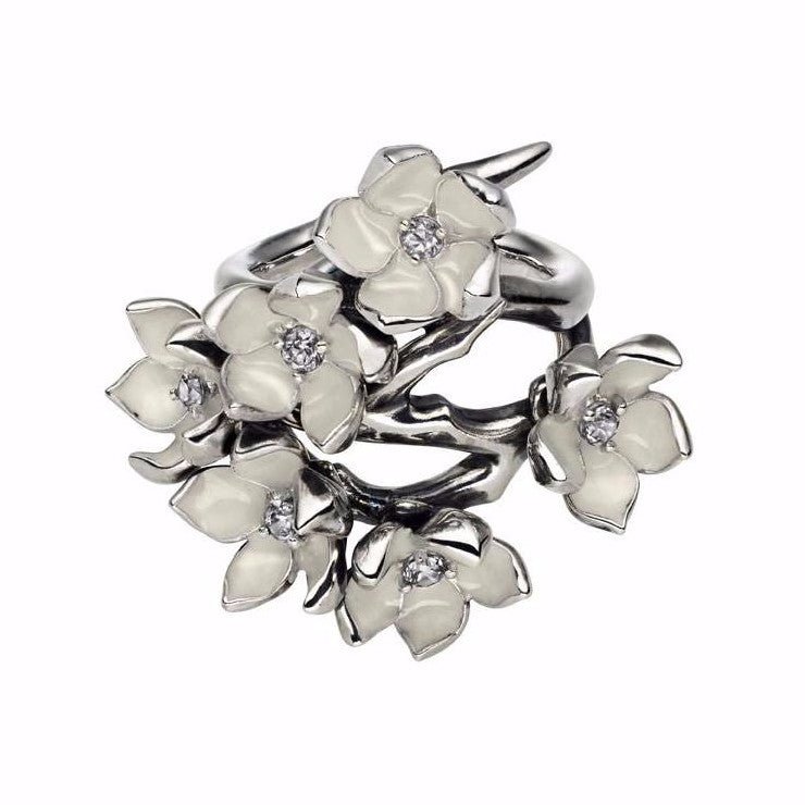 925 Sterling Silver Cherry Blossom Full Flower Diamond Ring