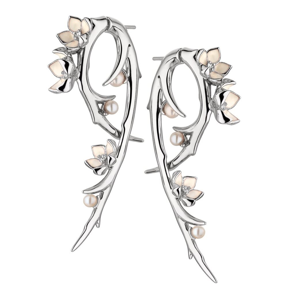 925 Sterling Silver Cherry Blossom Hook Diamond Pearl Earrings