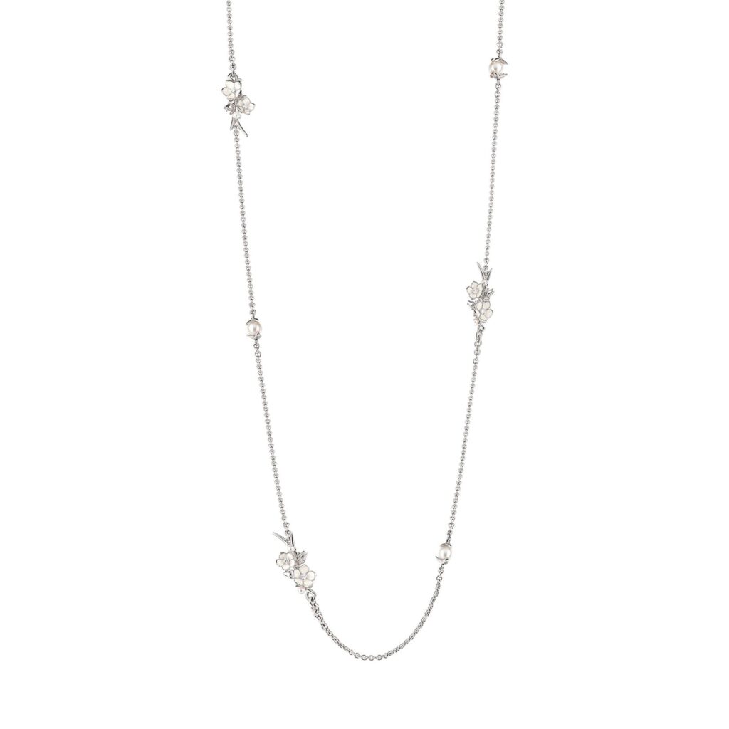 925 Sterling Silver Cherry Blossom Sautoir Diamond and Pearl Necklace