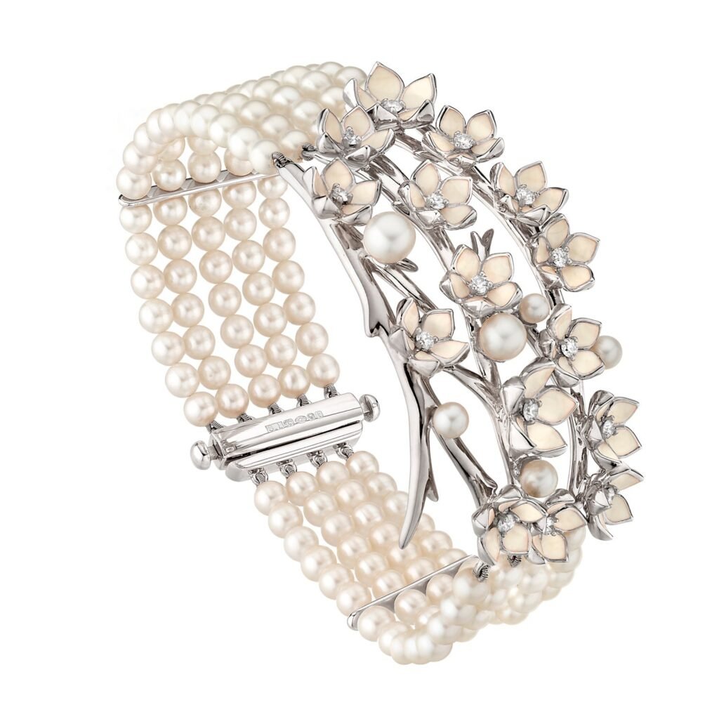 925 Sterling Silver Cherry Blossom Strand Diamond Pearl Bracelet