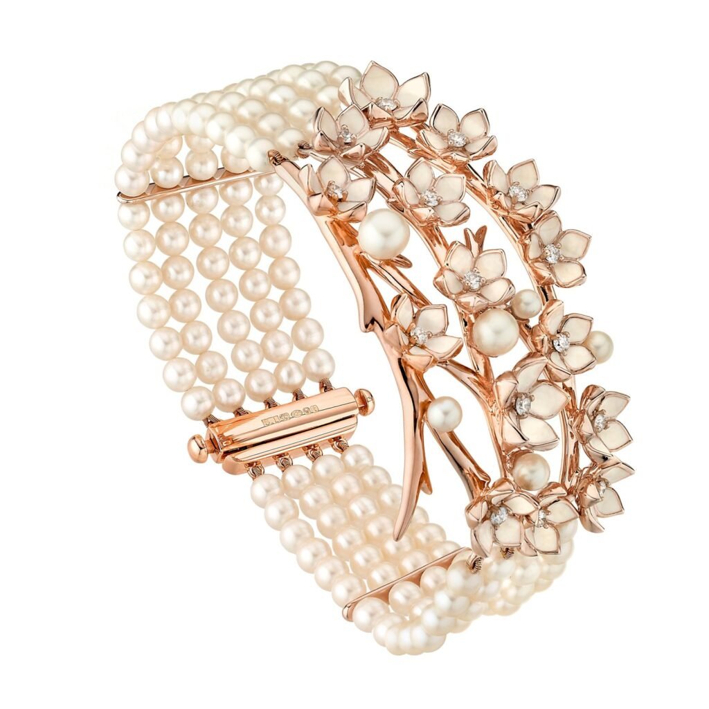 925 Sterling Silver Cherry Blossom Strand Diamond Pearl Bracelet