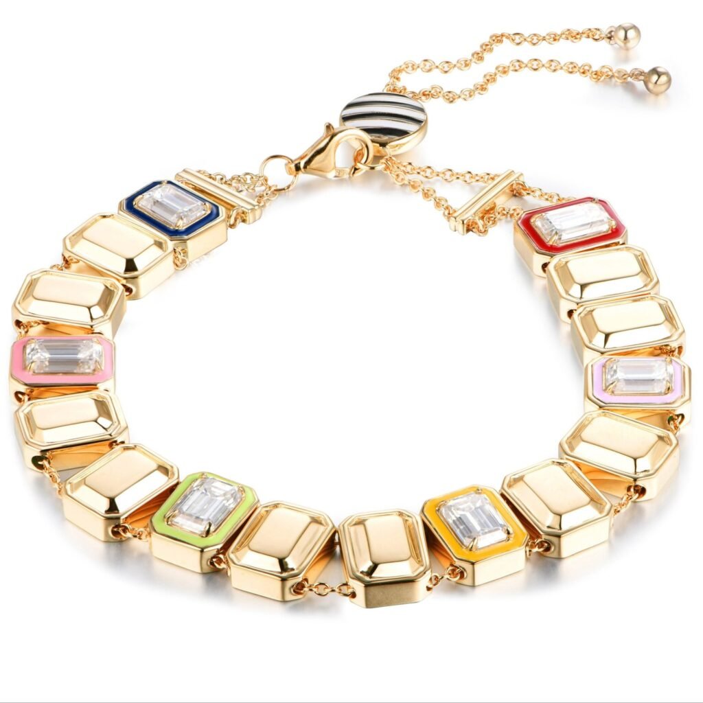 925 Sterling Silver Color Framed Diamond Goldstone Bracelet