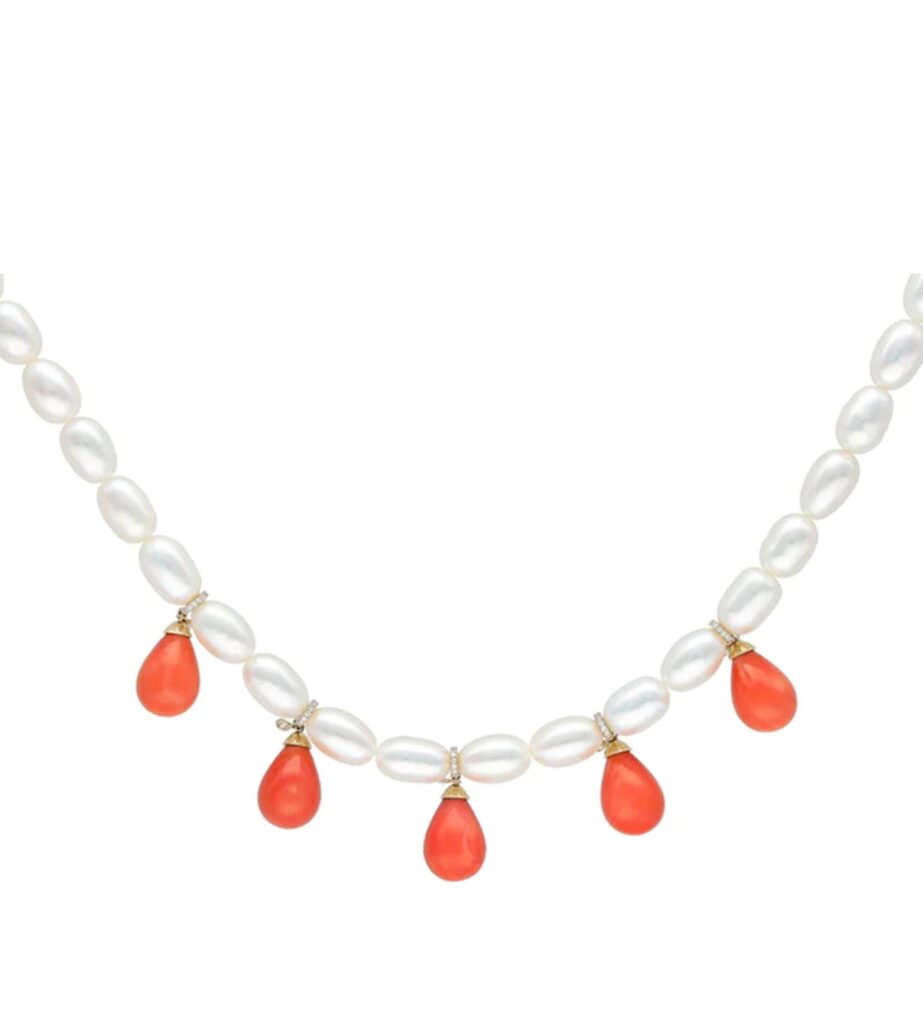 925 Sterling Silver Coral Diamond Pearl Drop Earrings Perlee Necklace