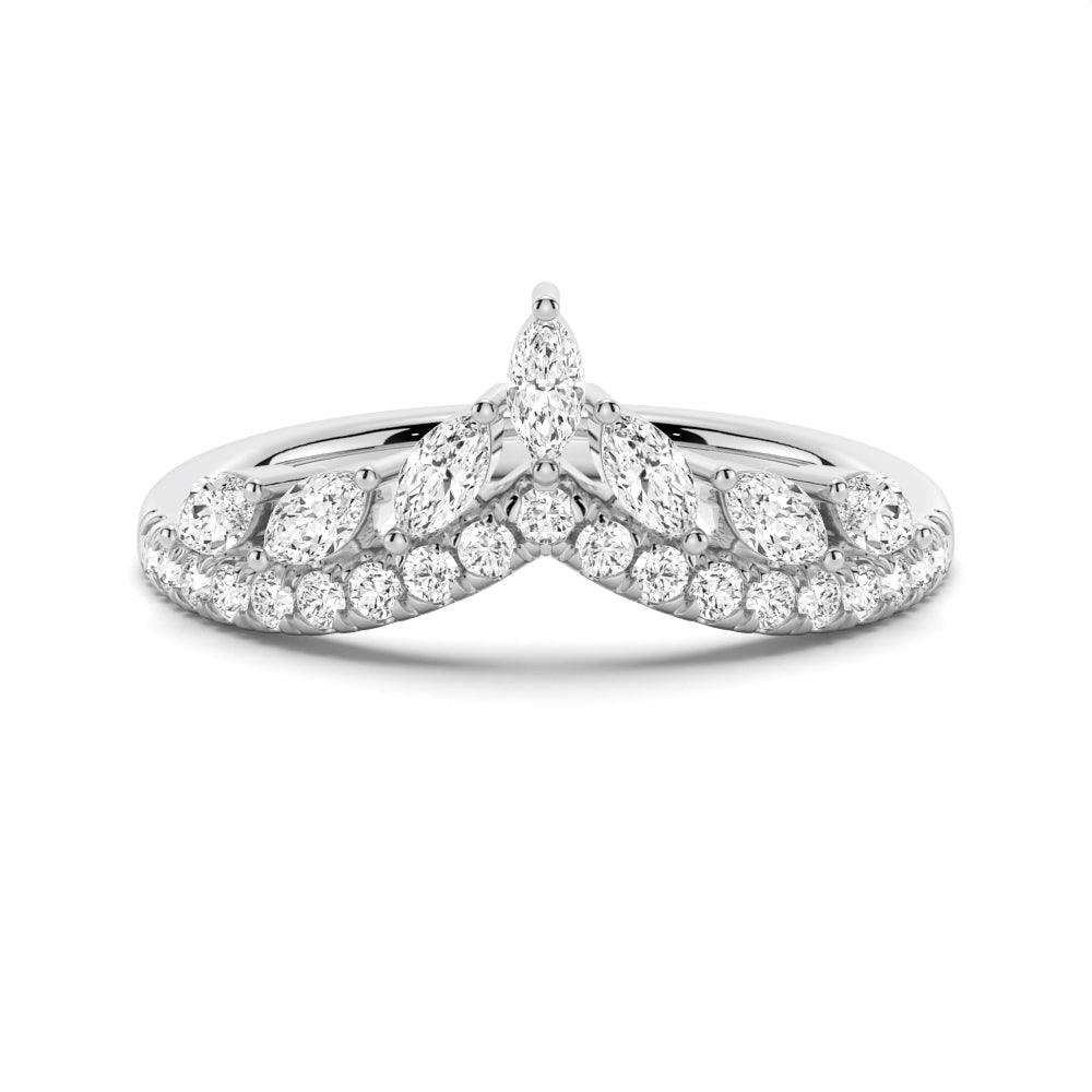 925 Sterling Silver Curved Crown Marquise and Round Diamond Wedding Band