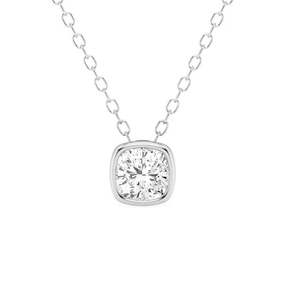 925 Sterling Silver Cushion Cut Diamond Bezel Set Solitaire Pendant Necklace